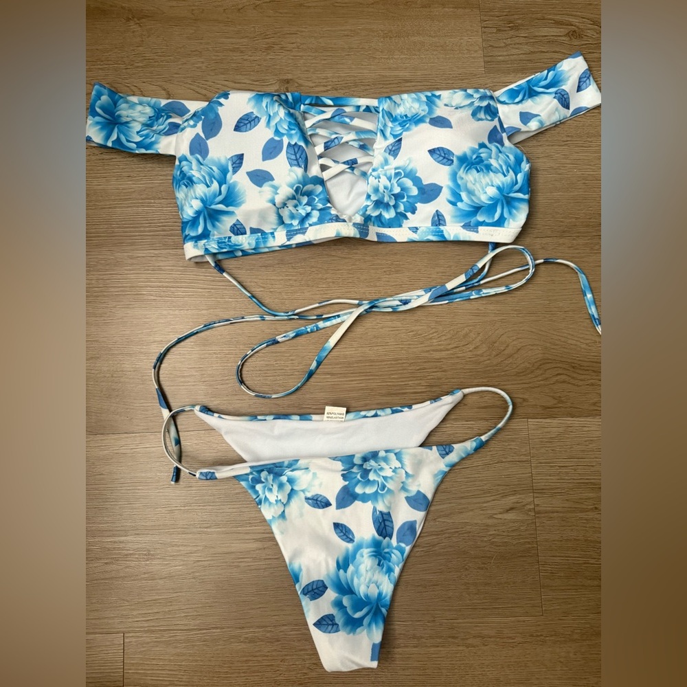 Blue Floral Off the shoulder Bikini Set